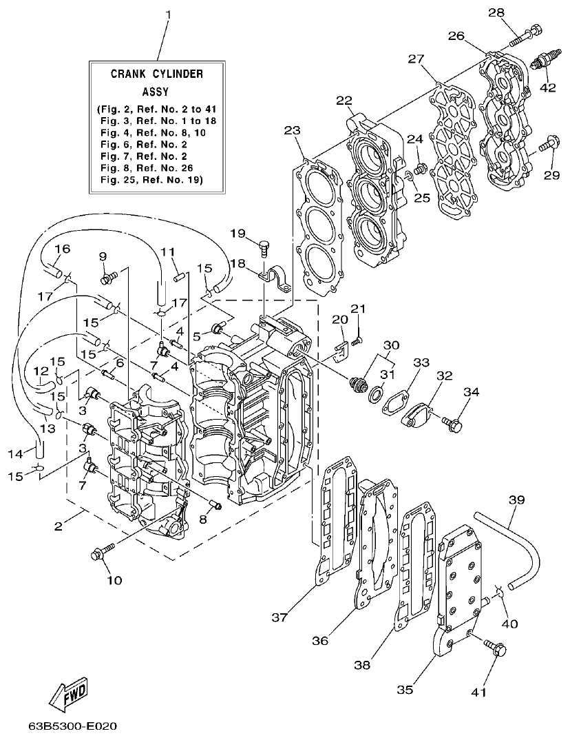 Yamaha 40VMHO, 40VEO, 40YETO CYLINDER & CRANKCASE parts diagram